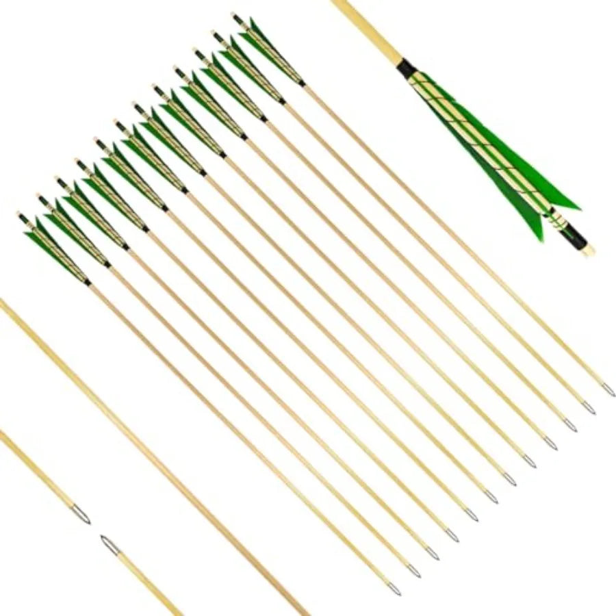 32 Archery Wooden Target Practice Arrows with 5.9 Medieval Turkey Feather Fletching for Recurve English Traditional Longbow Hun