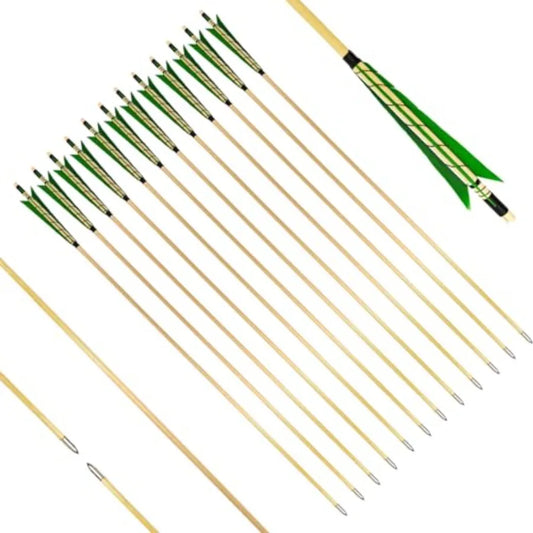 32 Archery Wooden Target Practice Arrows with 5.9 Medieval Turkey Feather Fletching for Recurve English Traditional Longbow Hun