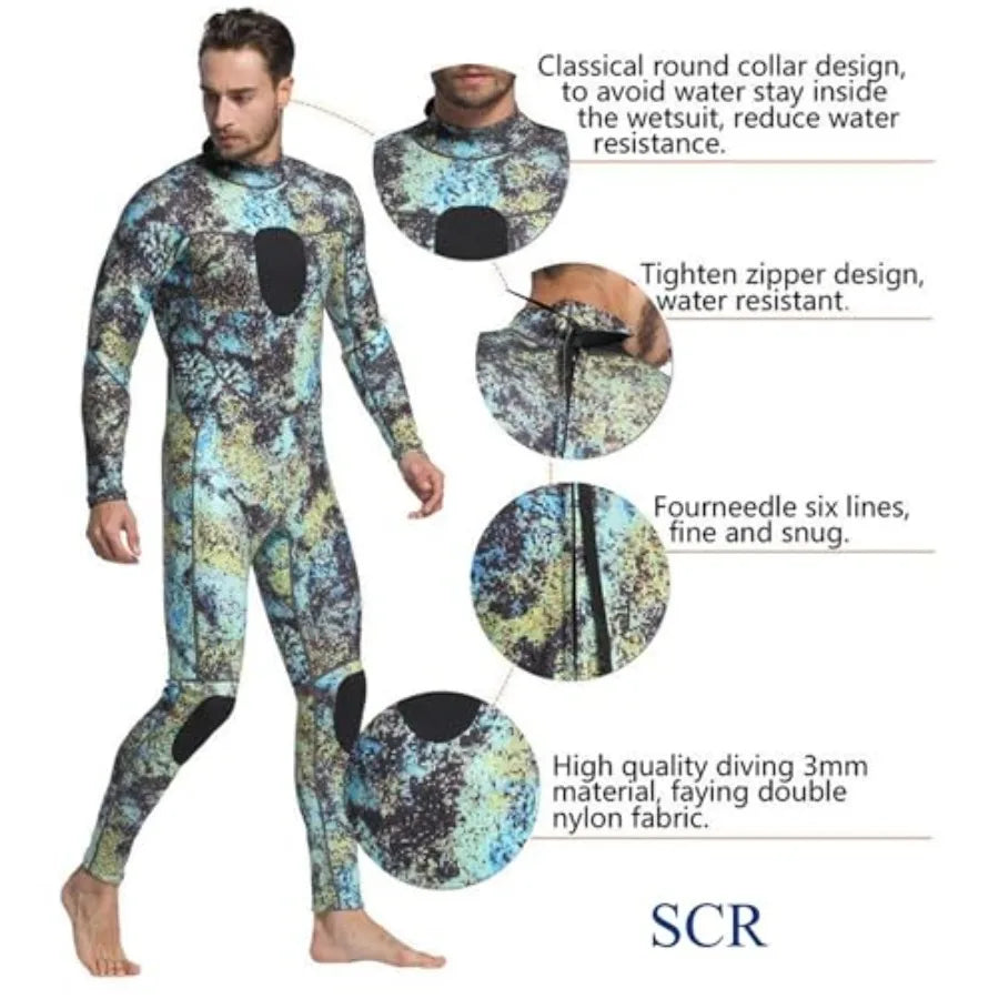 Wetsuits for scuba diving and spearfishing: 3MM camo neoprene one-piece full suit, unisex fit, durable and flexible sport skin