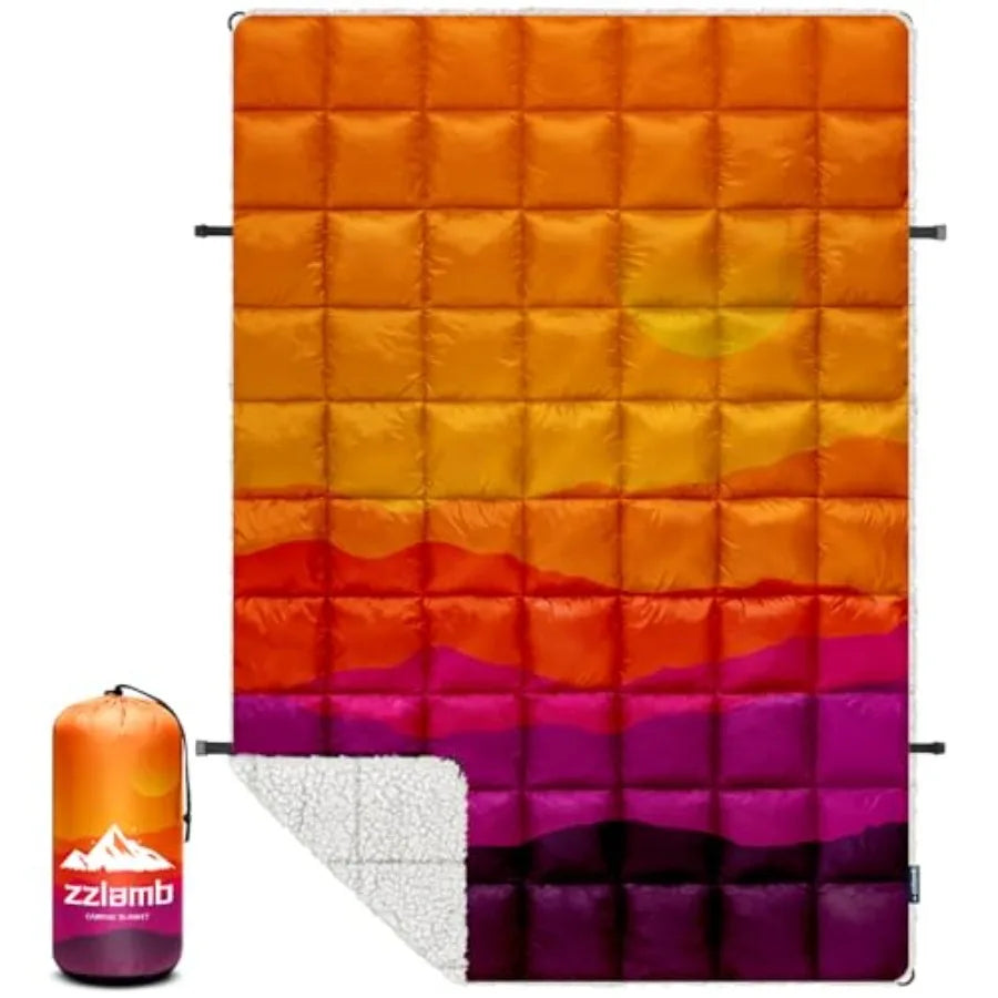 Outdoor Camping Blanket with Sherpa Lining, Puffy Thick Camp Quilt for Sleeping, Packable Warm Wearable Fleece Blankets for Col