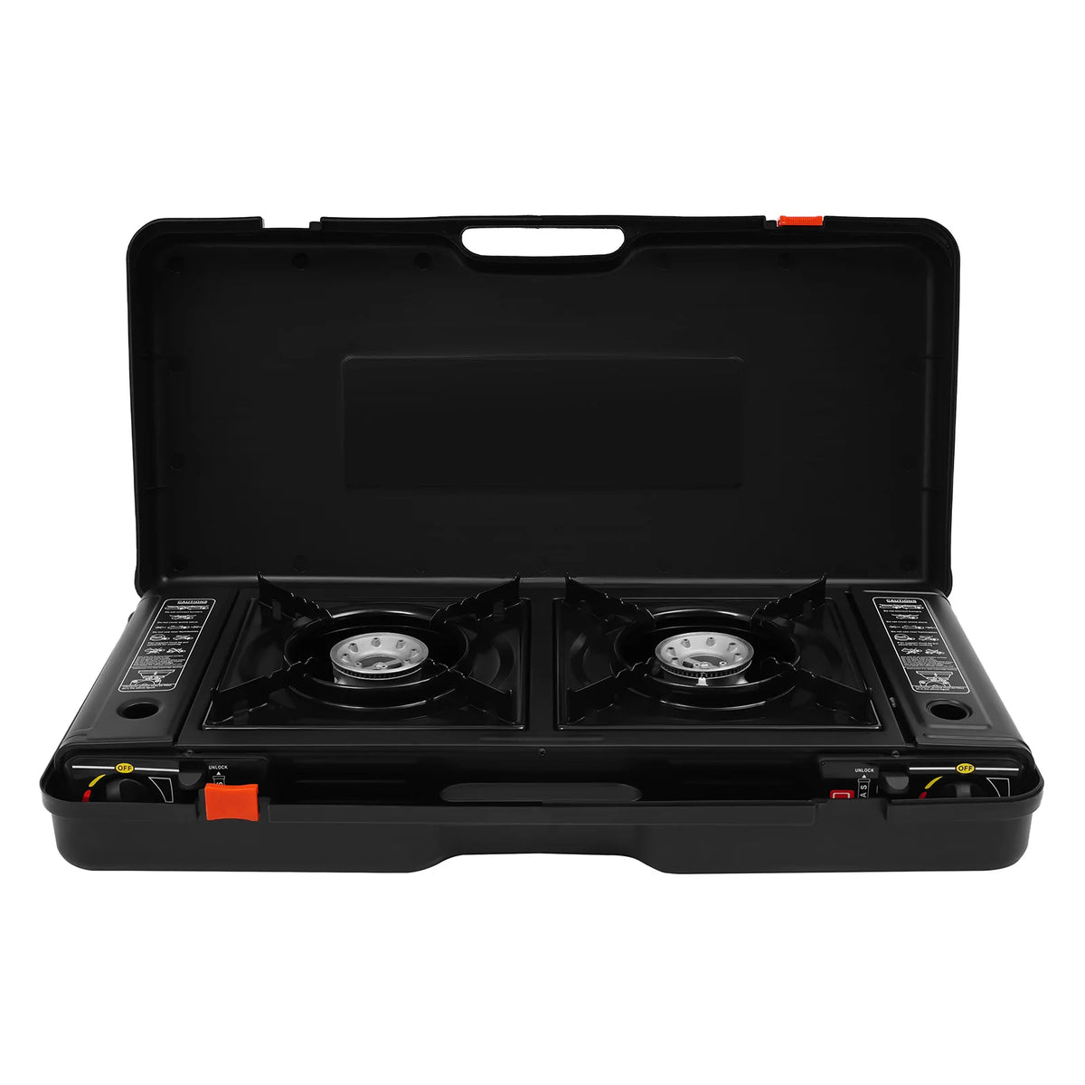 Portable 2-Burner Camping Stove – 2x2500W, Piezo Ignition, Butane/LPG, Non-Stick Pan & Carry Bag, Outdoor BBQ Black