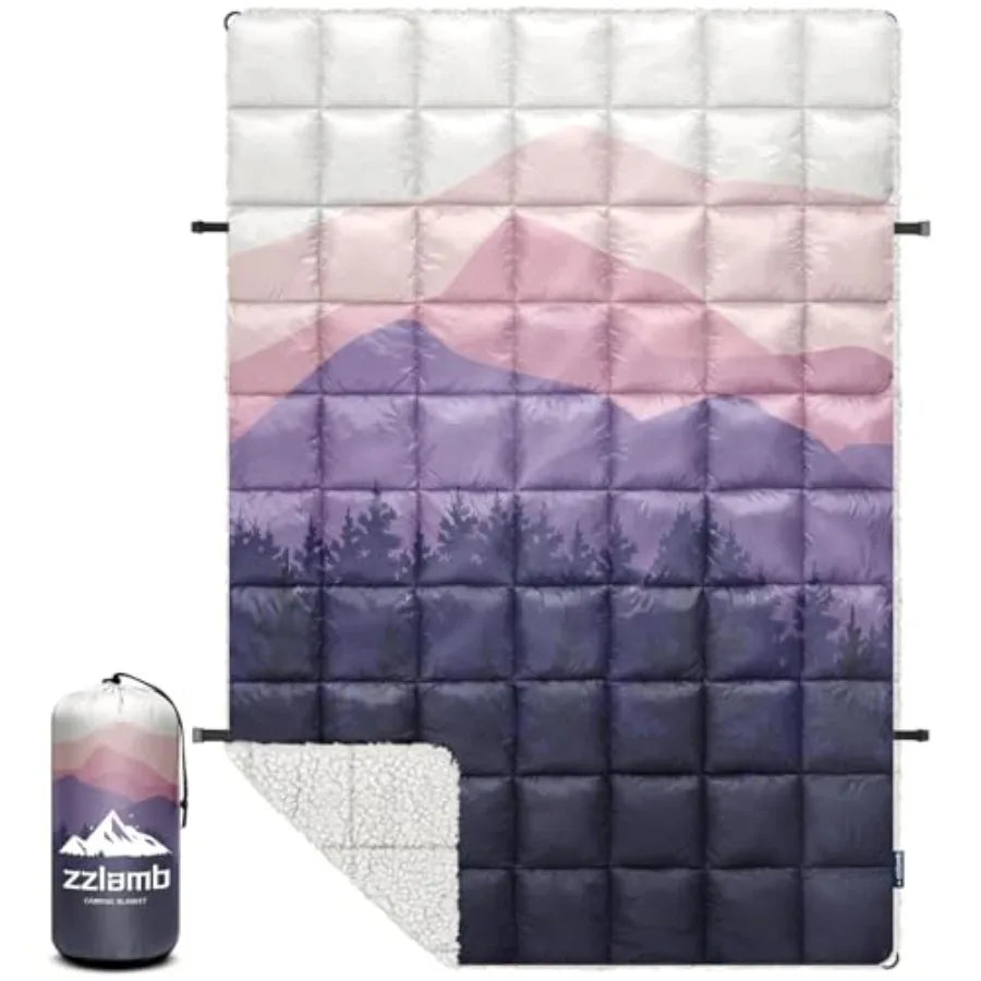 Outdoor Camping Blanket with Sherpa Lining, Puffy Thick Camp Quilt for Sleeping, Packable Warm Wearable Fleece Blankets for Col