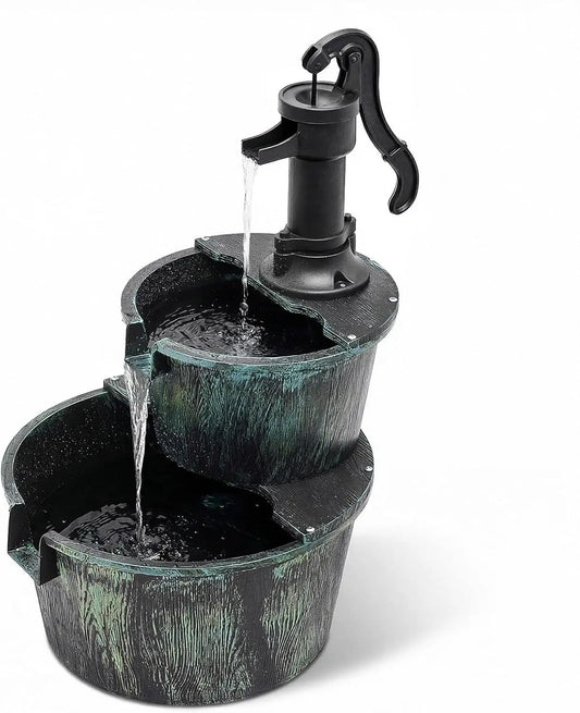 Freestanding Cascading Waterfall Fountain with Electric Pump, 2-Tier Garden Decor for Patio or Backyard in Dark Green