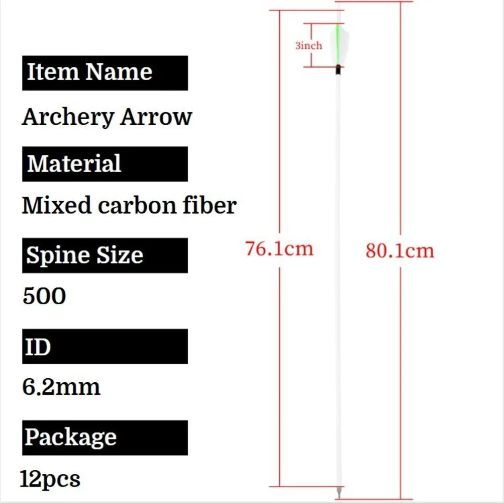 3inch Turkey Feather Mixed Carbon Arrow Spine 500 Archery Recurve Compound Bow Hunting Shooting Target Bow Accessories,12pcs