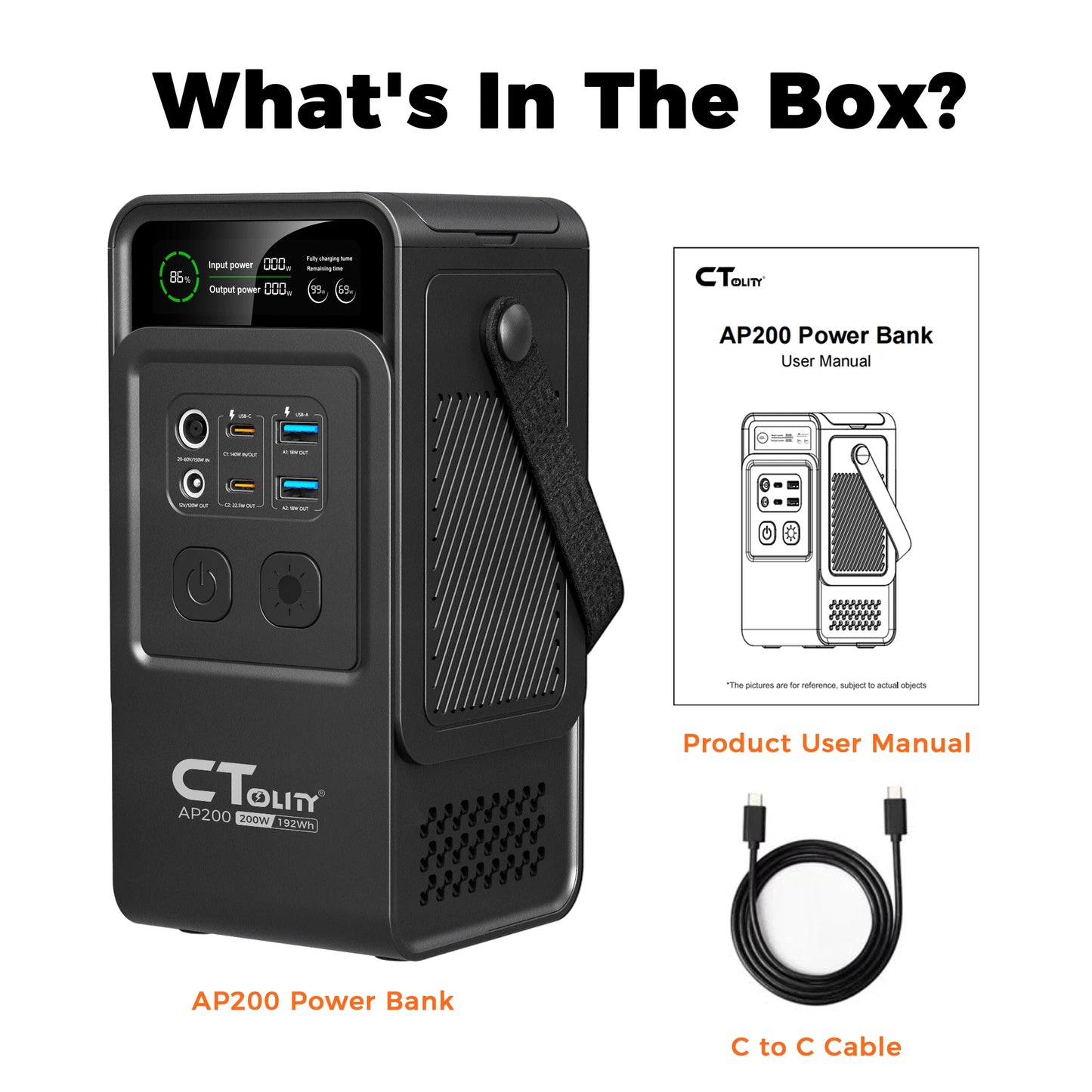 CTOLITY 200W Power Station Camping 192Wh Lifepo4 Power Bank 60000mAh Portable Charger Battery Emergency Power USB TYPE-C Port