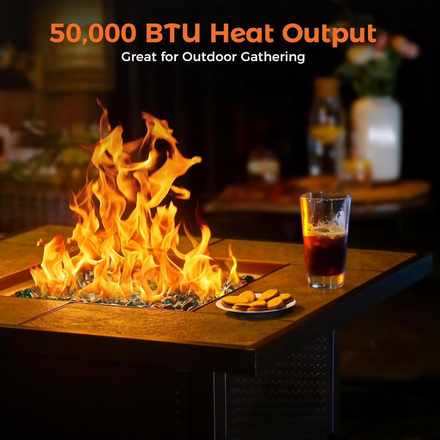 Propane Gas Fire Pit Table 32 inch 50,000 BTU Square Gas Firepits for Outside, Brown