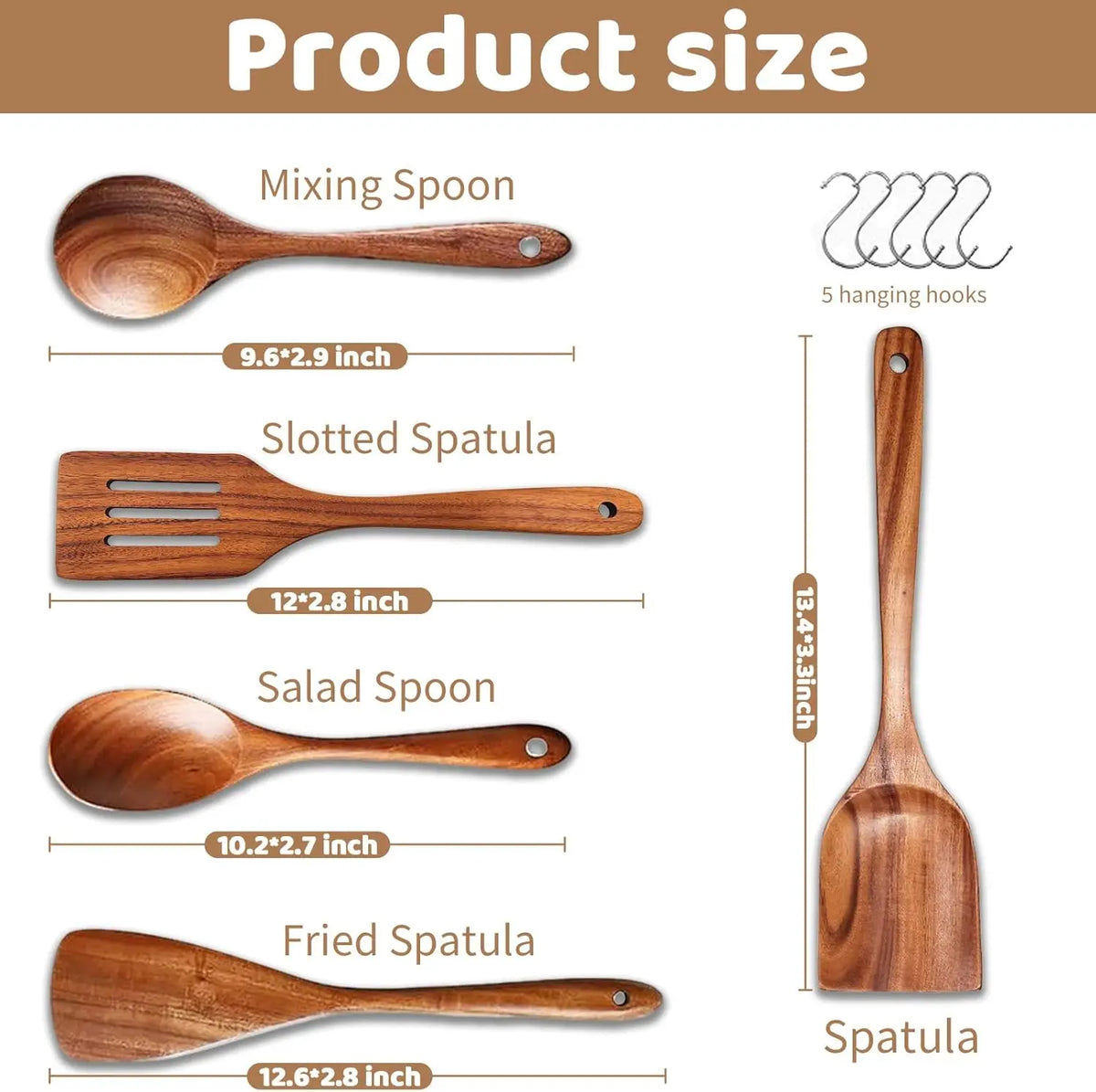 Natural Teak 5-Piece Wooden Utensil Set, Up to 13.4 Inch, Heat & Scratch Resistant, for Non-Stick Pans, Home & Restaurant