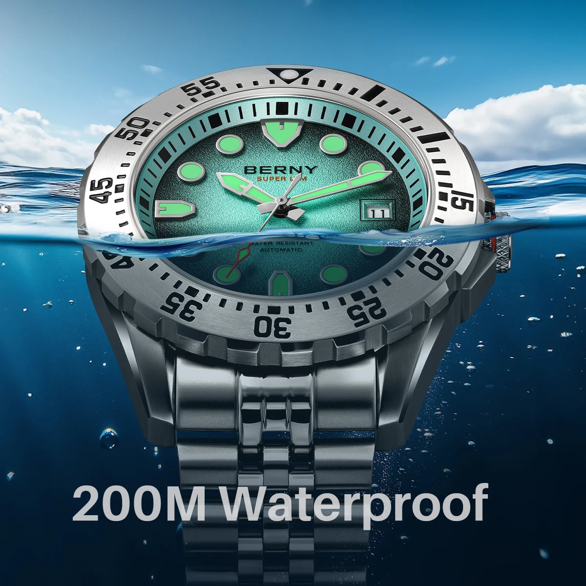 BERNY 20ATM Automatic Diver Watch for Men MIYOTA 8215 Top Accuracy 316L Steel Supper Luminous Sapphire AR Men's Diving Watches