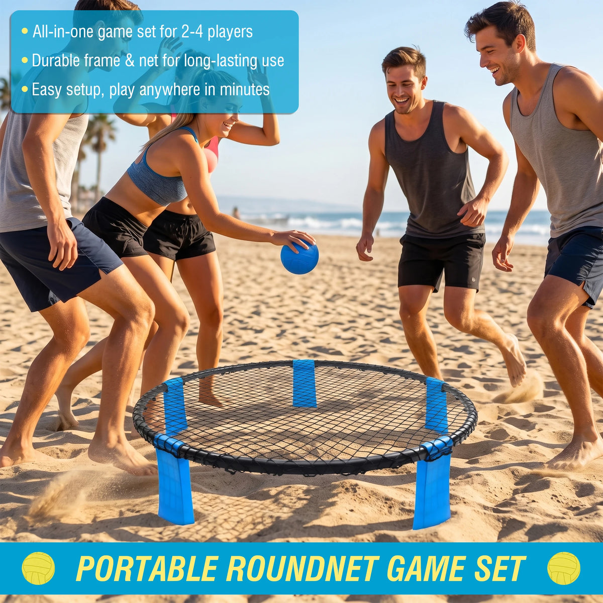 Portable Beach Ball Game with 2 Balls Outdoor Roundnet Game Set Sturdy Playing Net & Carry Bag, Classic Family Entertainment Game for Beach, Backyard, Lawn, Park, Camping and Gathering