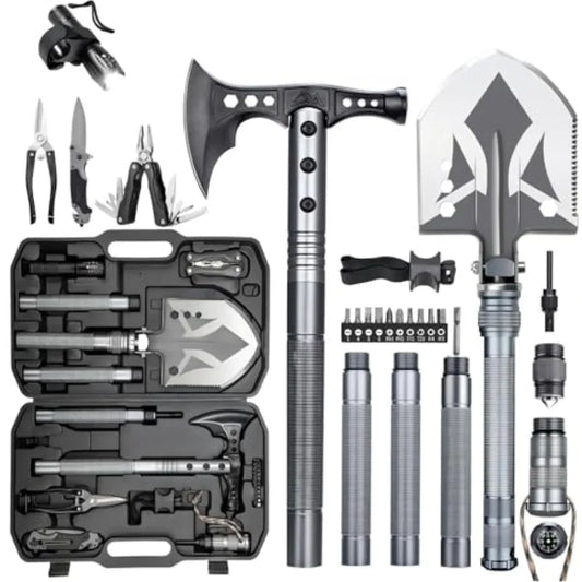 Multifunctional Folding Tactical Shovel Hatchet Combo with Axe Flashlight and Extension Handles in Black for Camping Cycling Hi
