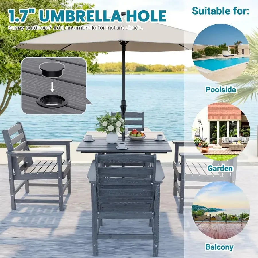 HDPE Dining Table Set, 5Piece AllWeather HDPE Outdoor Table and Chairs with Elegant Armrest, Wood Grain Patio Furniture Sets wi