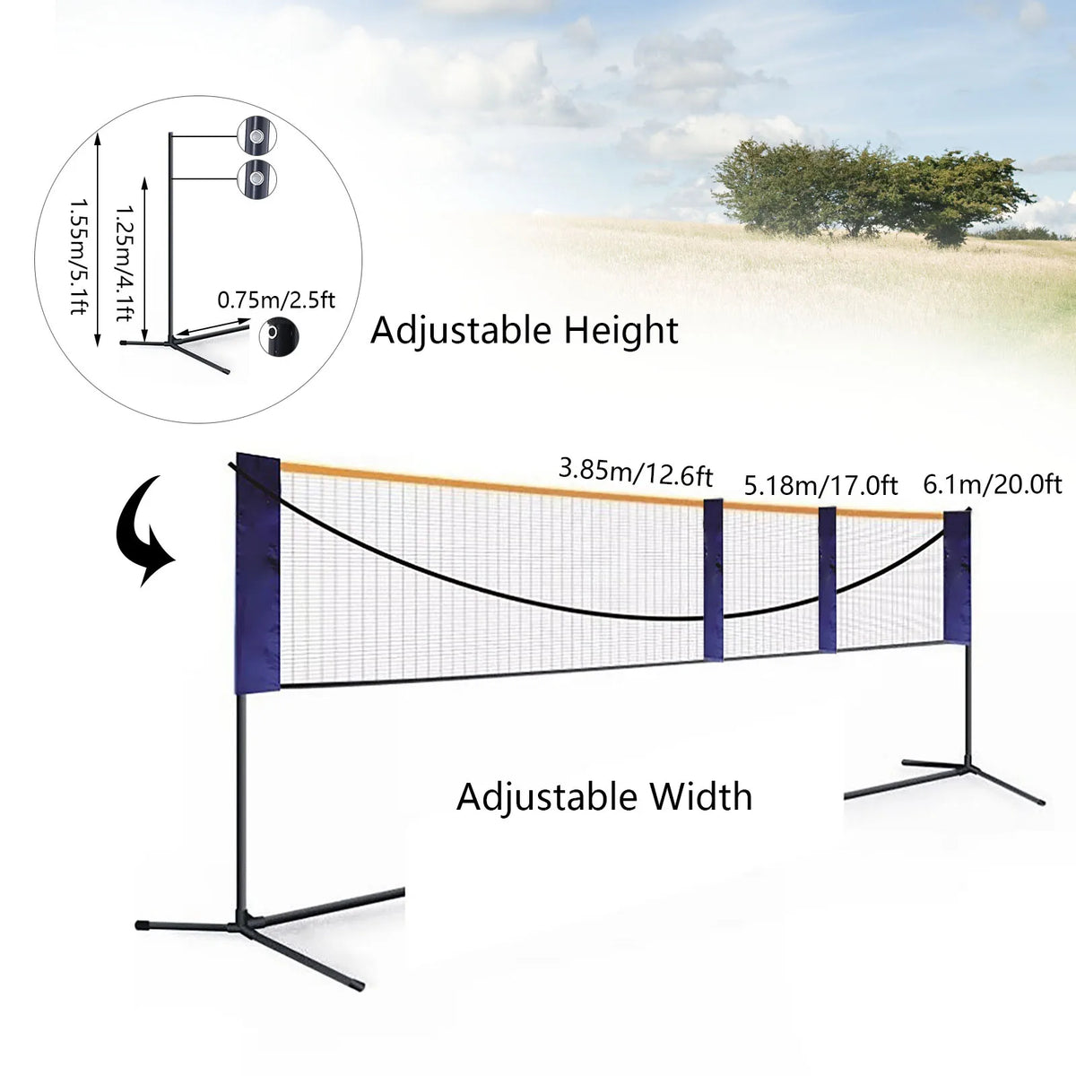6.1M Foldable Adjustable Badminton Net Set with Steel Stand, Multi-Sport Portable Volleyball Tennis Net Post, Indoor Outdoor Competition Shuttlecock Rack with Carry Bag