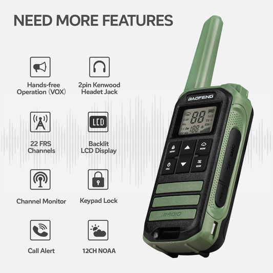 2pcs Baofeng FR-22A F22 Mini Walkie Talkies with Type-C Charger, 462MHz UHF/VHF Two-Way Radio, LCD Screen & NOAA Weather Alerts,