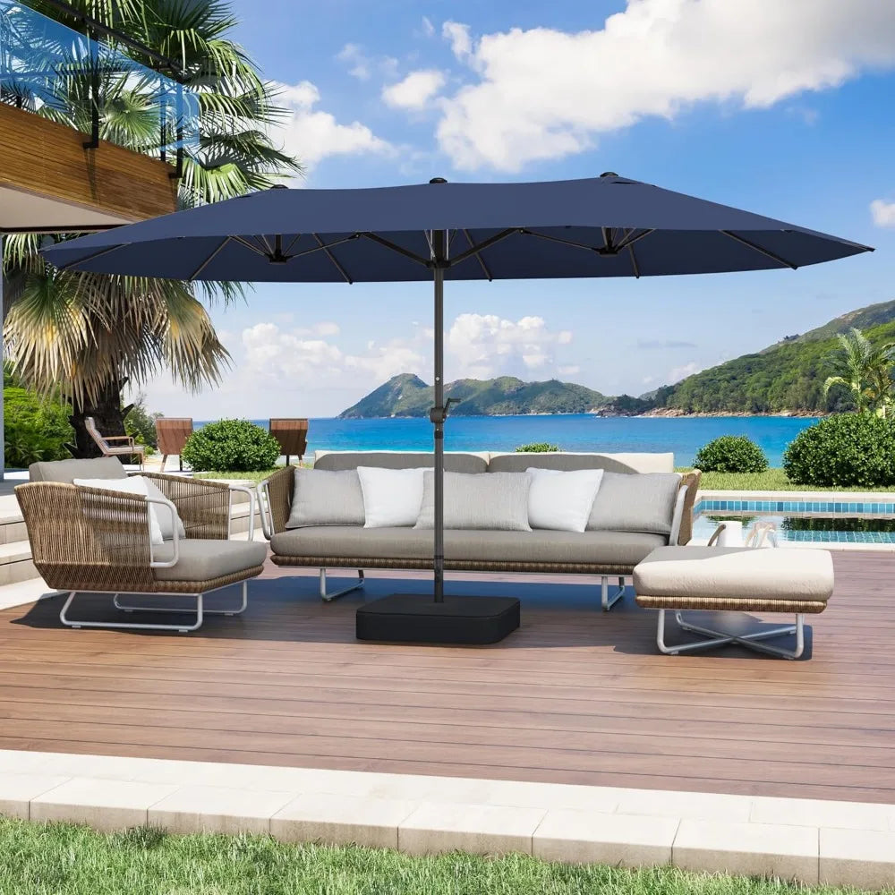 15FT Large Patio Umbrella with Base Included, Outdoor Deck Standing Umbrella with Crank Handle, Double-Side Rectangular Pool Umb