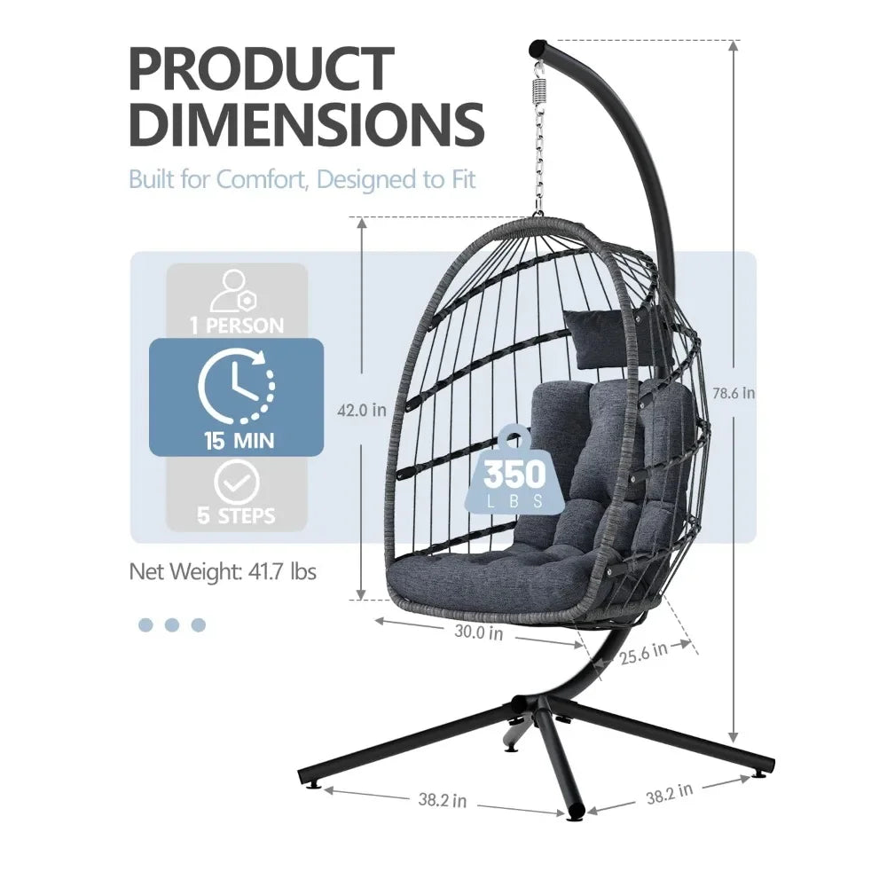 Indoor Outdoor Wicker Egg Chair with Stand Hanging Swing Chair with Cushion 350 Lbs Capacity for Patio Customized