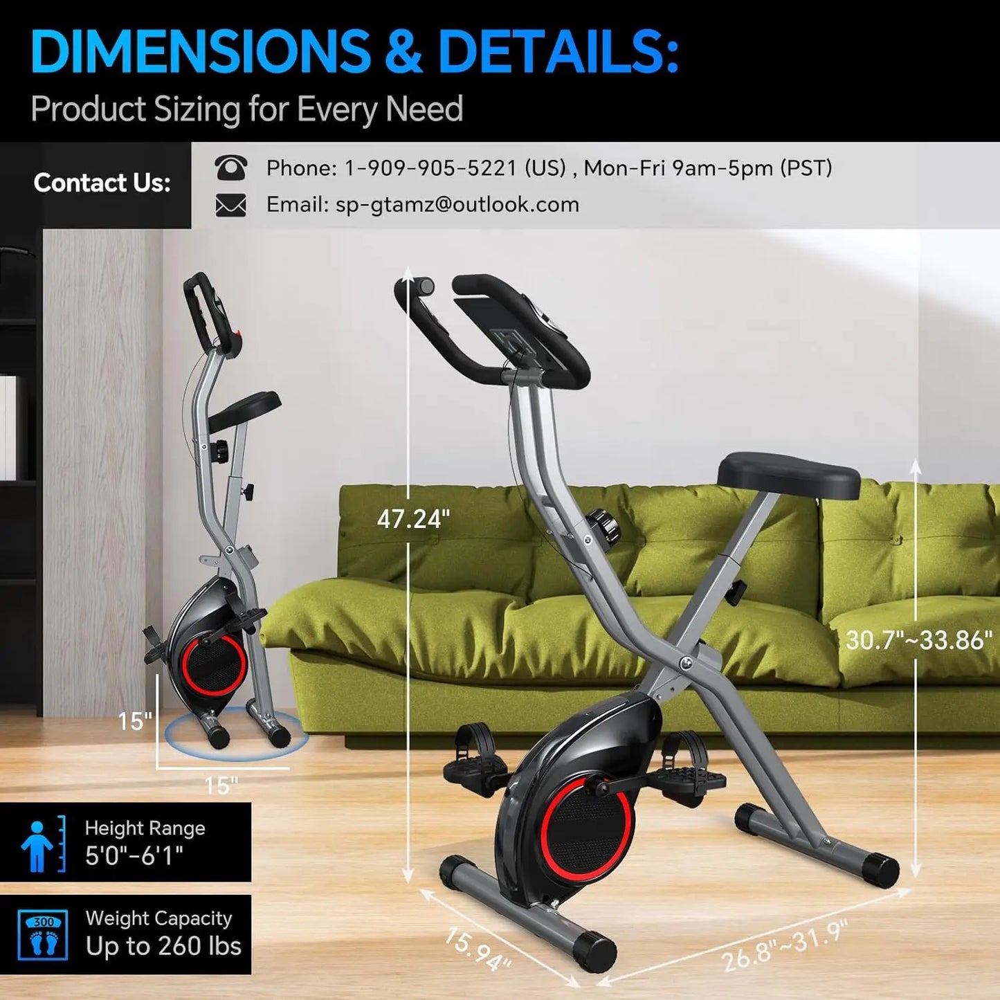 Foldable Indoor Exercise Bike for Small Spaces, 16-Level Magnetic Resistance, 260LBS Capacity, Portable Home Workout