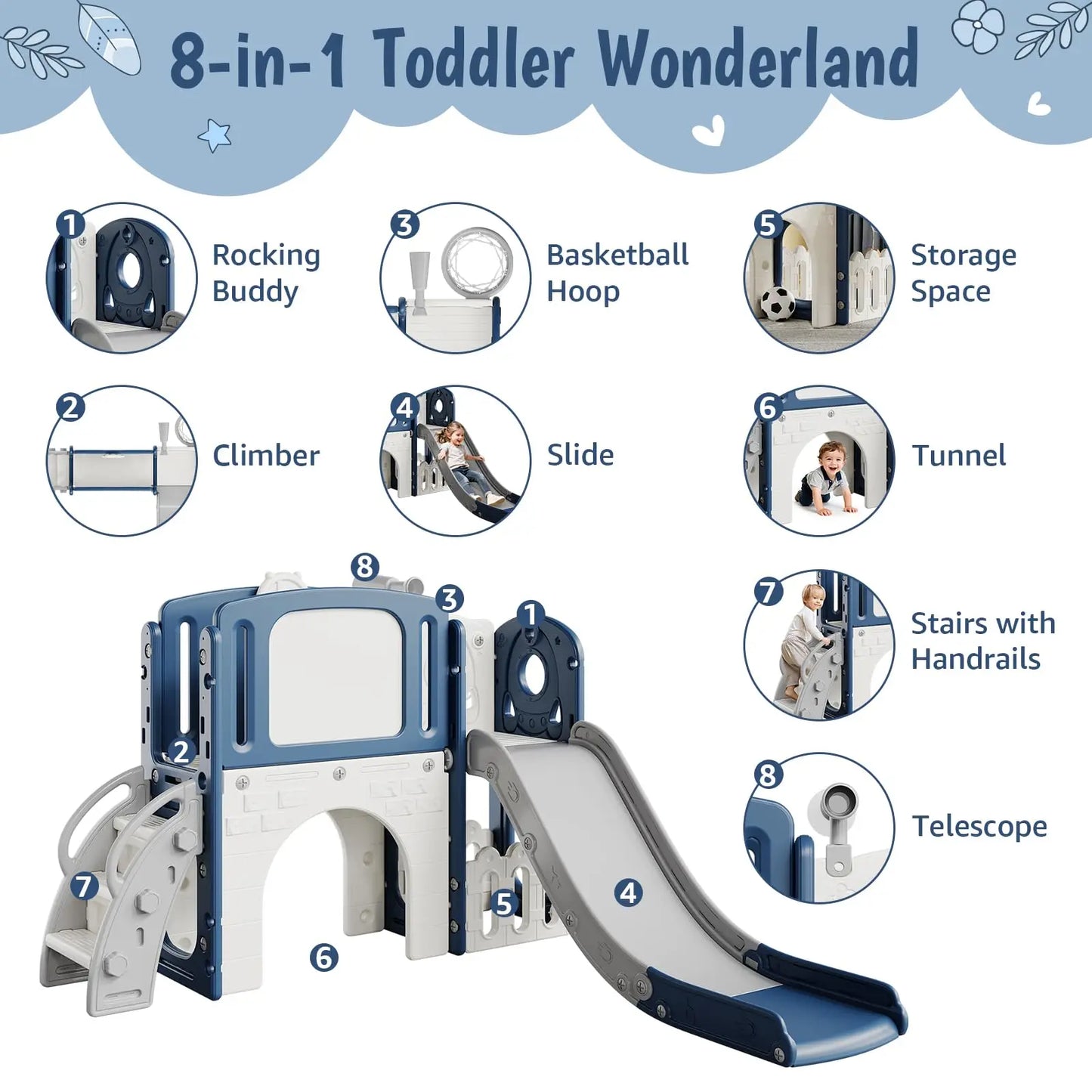 8-in-1 Toddler Slide Climber Playset Indoor Outdoor Playground Activity Center With Basketball Hoop Tunnel Storage Backyard