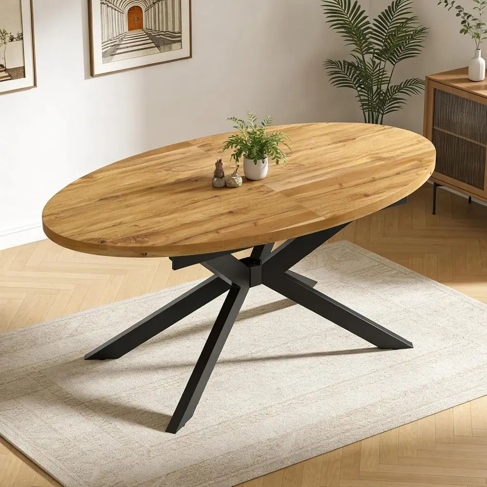 Large Walnut Oval Dining Table for 4-6 People, Space-Saving Design for Kitchen & Living Room
