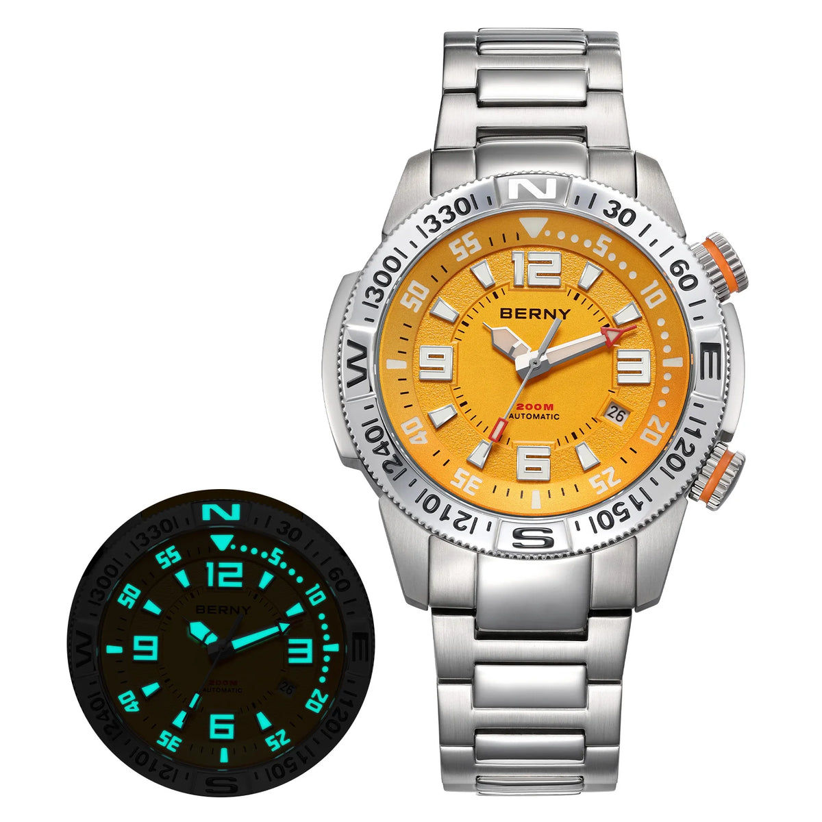 BERNY Automatic Diving Watches for Men 20ATM Super Luminous Mechanical Men's Diver Watch Full S/S Sapphire Swim Dive Wristwatch