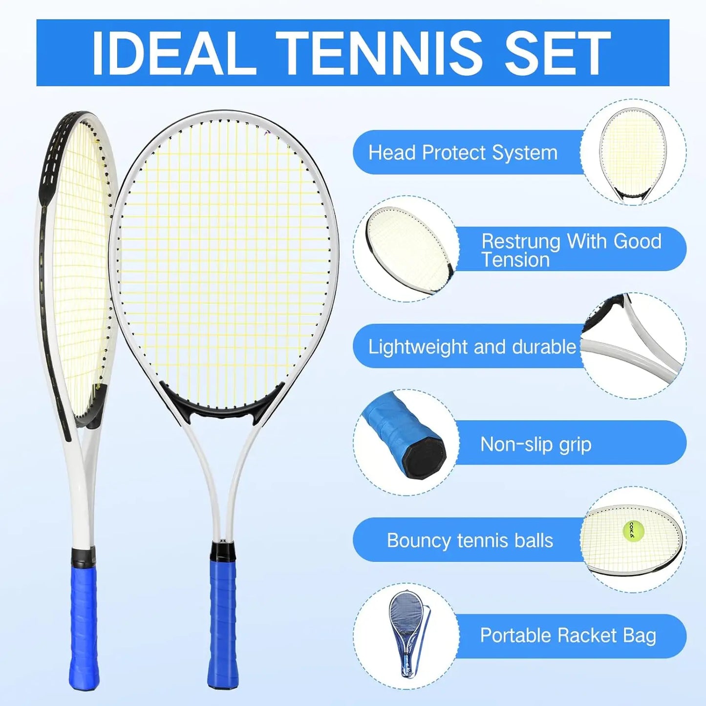 4 Adult Tennis Rackets with Balls, Lightweight 27" Racquet for Training Beginners, Includes Bag