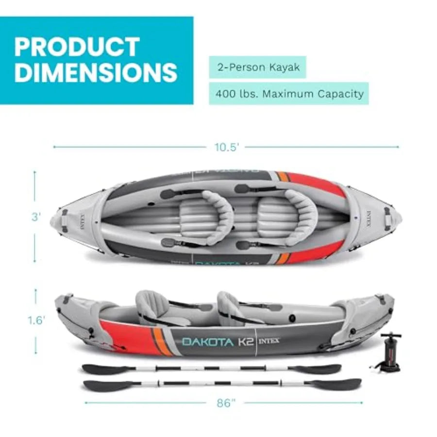 2-Person Inflatable Kayak Set Dakota K2 with 86in Oars and Pump in Blue for Outdoor Water Sports with Quick Inflation and Durab