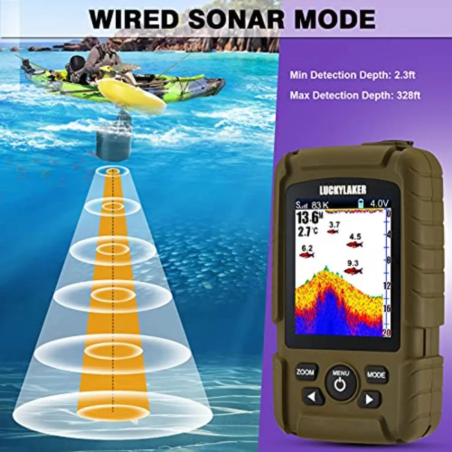 Kayak and ice fishing transducer: waterproof wireless handheld sonar depth finder with wired sensor, black ABS plastic housing,