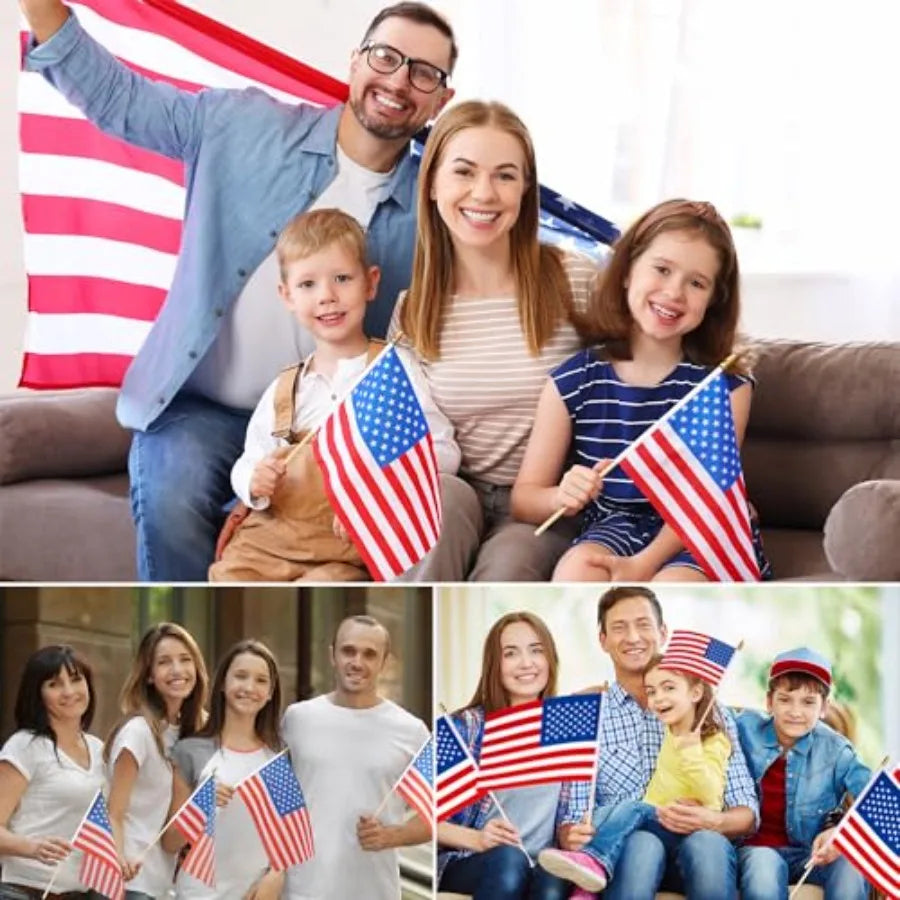150 Pack Small American Flags on Stick, 8x12 Inch Mini US Hand Held Wooden Stick Flags with Spear Top, 4th of July Independence