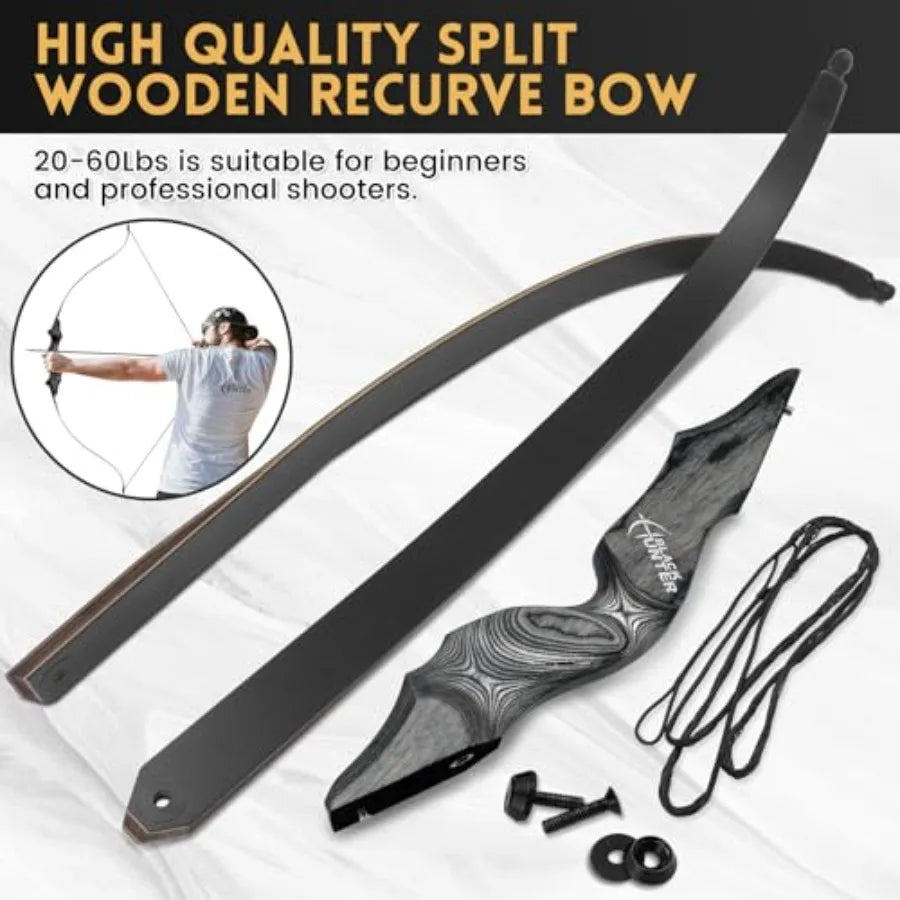Archery hunting and target practice: black recurve bow with bamboo core limbs, 60-inch takedown design for durability and porta