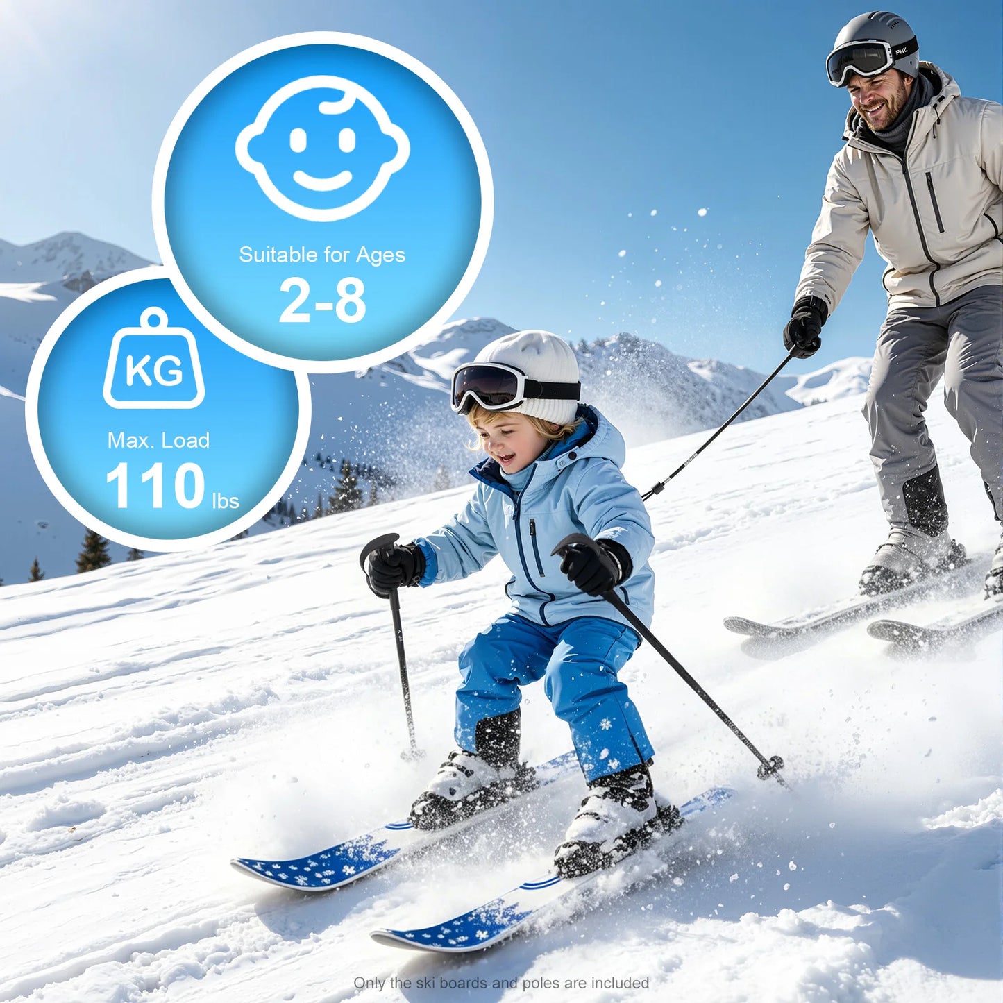 Kids Ski Set 2-8 Years Old Non-Slip Two-Way Bindings Beginner Ski Boards with Ski Poles for Outdoor Snow Grass Sand Skiing