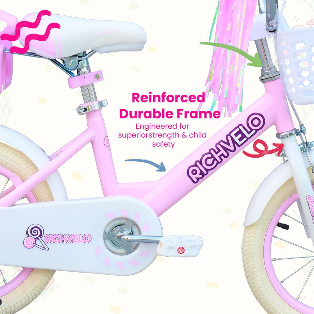 Ye A1202 Kids Bike for Girls 12/14/16 Inch, with Training Wheels, Adjustable Seat, Front Basket, Doll Seat & Colorful Streamers, Toddler Bicycle for 2 - 7 Years Old, Pink Birthday Gift