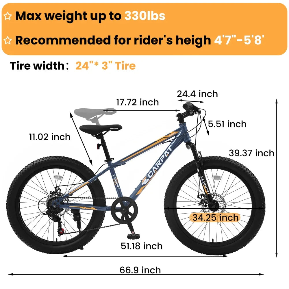 24 Inch Fat Tire Bike Adult/Youth Full Shimano 7 Speeds Mountain Bike, Dual Disc Brake, High-Carbon Steel Frame, Front Suspension, Mountain Trail Bike, Urban Commuter City Bicycle