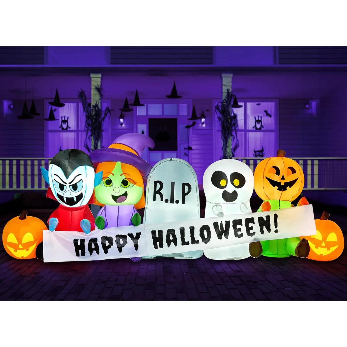 8 FT Long Inflatable Halloween Decor Outdoor, Halloween Blow Up Decorations Inflatable Pumpkin Ghost Vampire Witch Tombstone with LEDs for Yard Decorations
