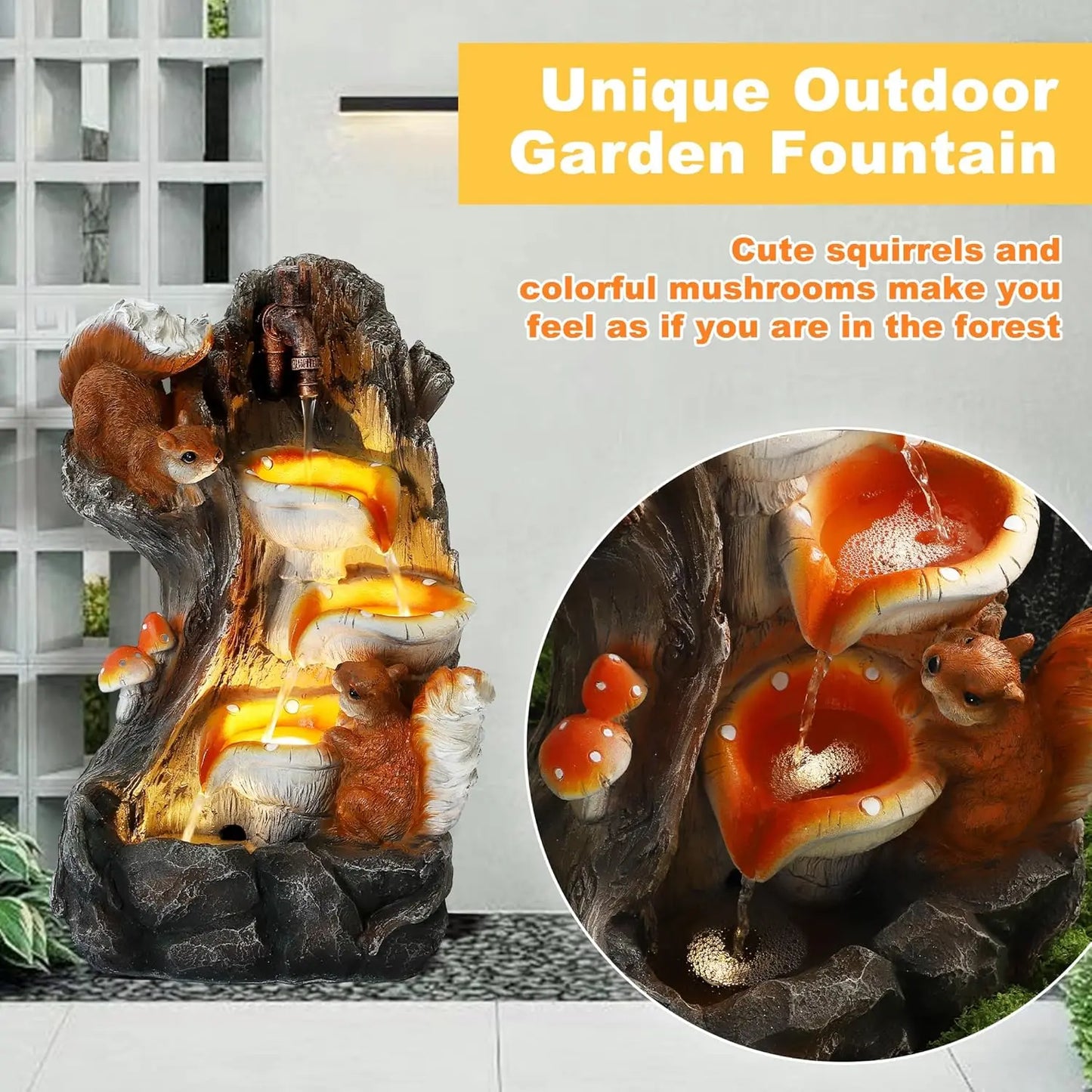 Outdoor Water Fountain, Garden Decor Outside Indoor Waterfall Cascading Rock Fountain with Retro Decorative Faucet