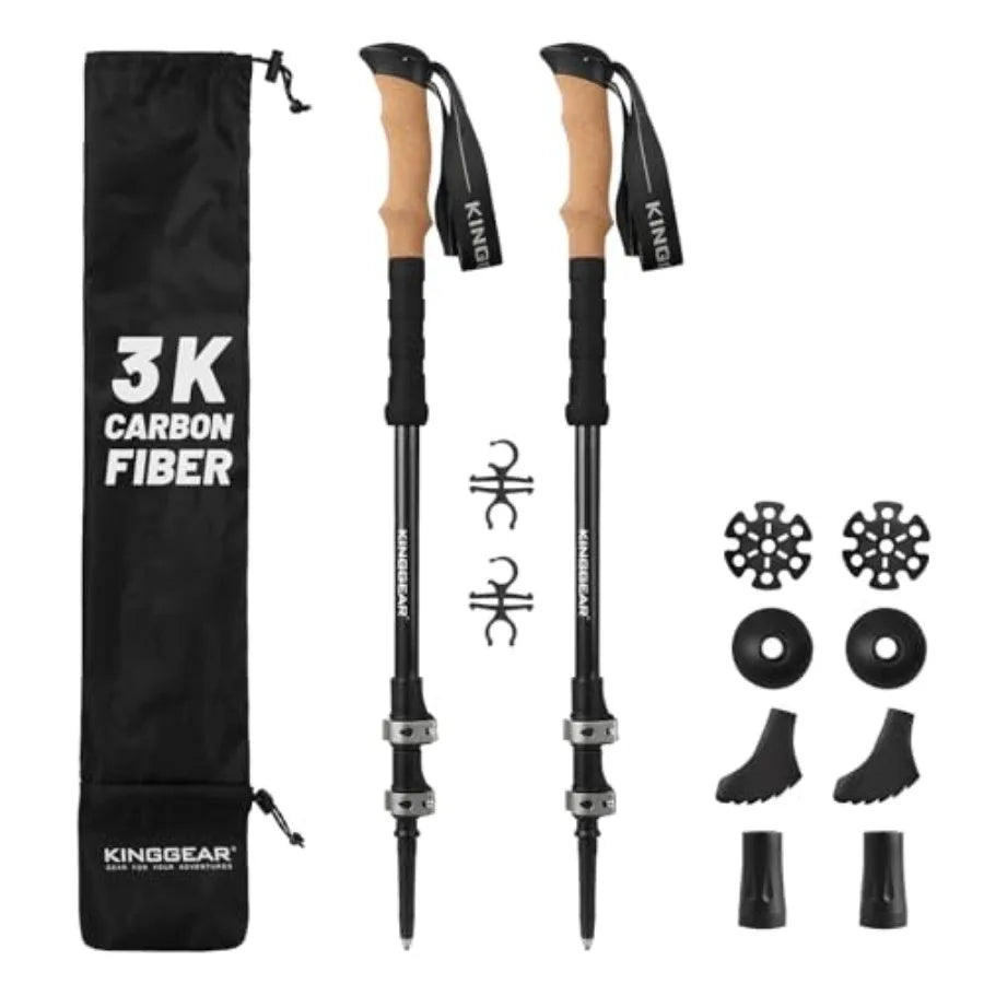 TPC-3K 100% Carbon Fiber Trekking Poles for Hiking - Ultralight Collapsible Hiking Poles with Cork and EVA Foam Grips, Adjustab