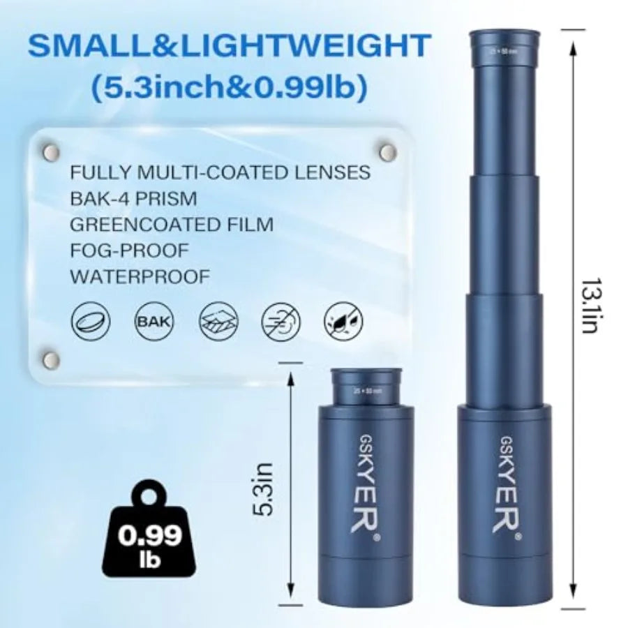 25x50 Monocular Telescope for Adults High Powered Compact HD Zoom Scope with BAK4 Prism FMC Lens Black Cool Gadget for Hunting