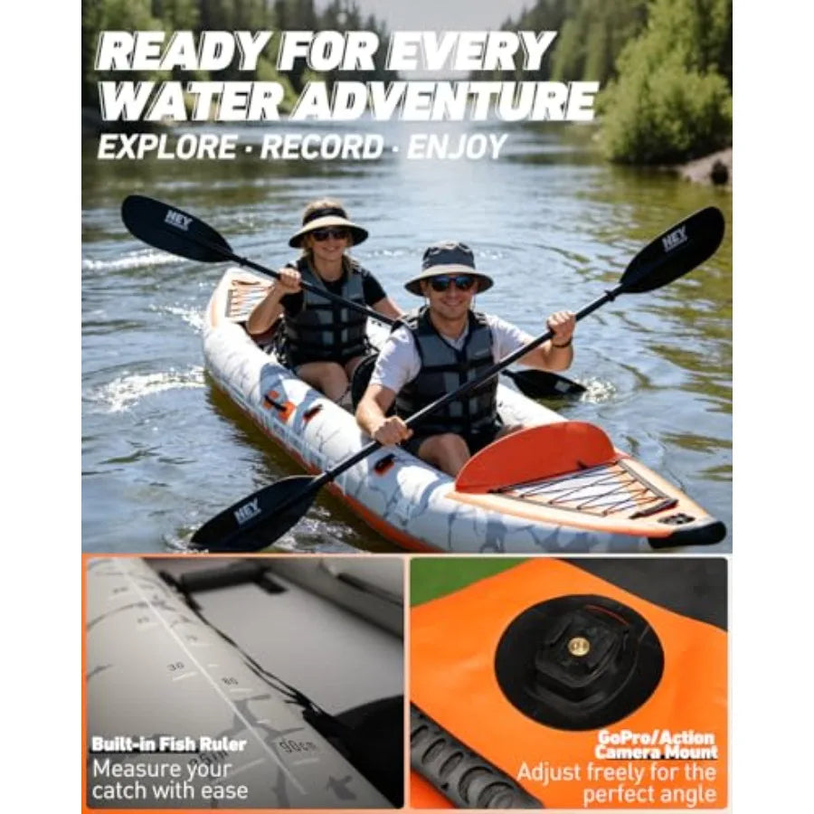 Tandem Fishing Kayak For Adults, Inflatable Portable Touring Canoe With Dual Floats, Drop-Stitch Floor And Fish Measuring Ruler