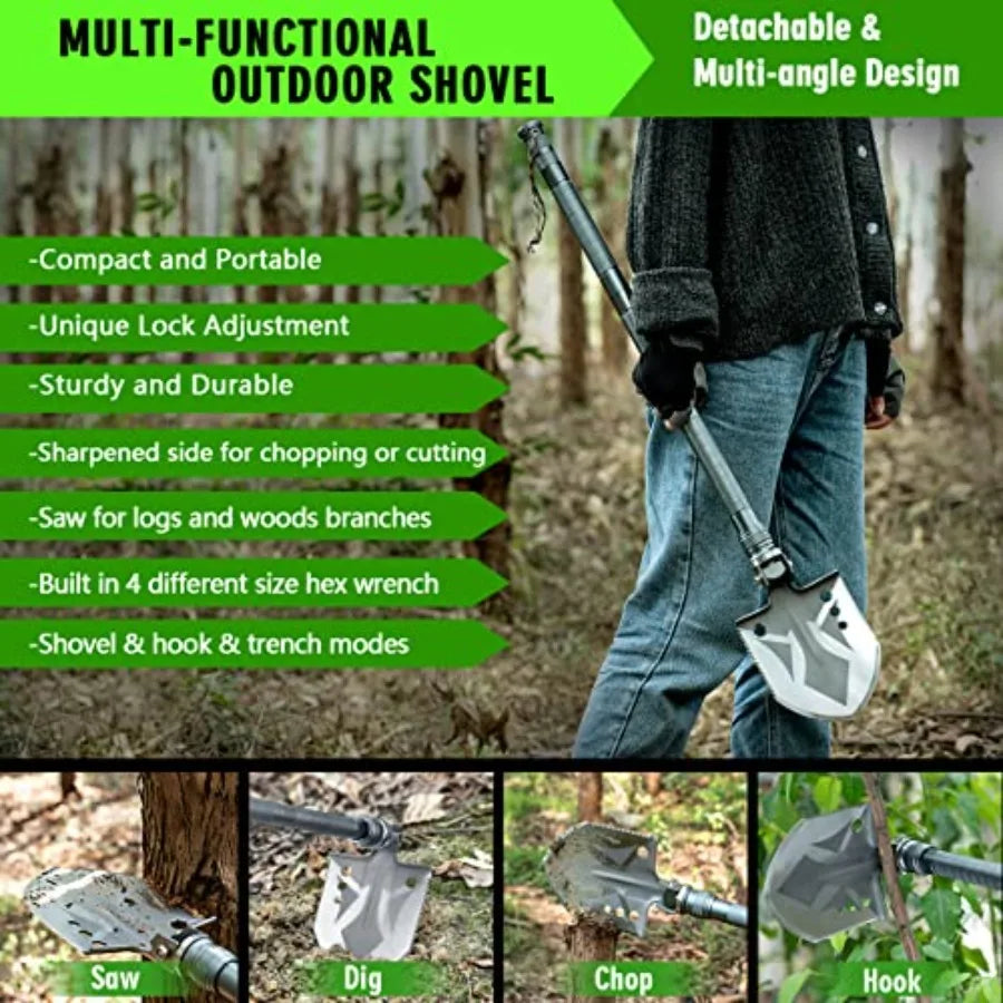 Multifunctional Folding Tactical Shovel Hatchet Combo with Axe Flashlight and Extension Handles in Black for Camping Cycling Hi