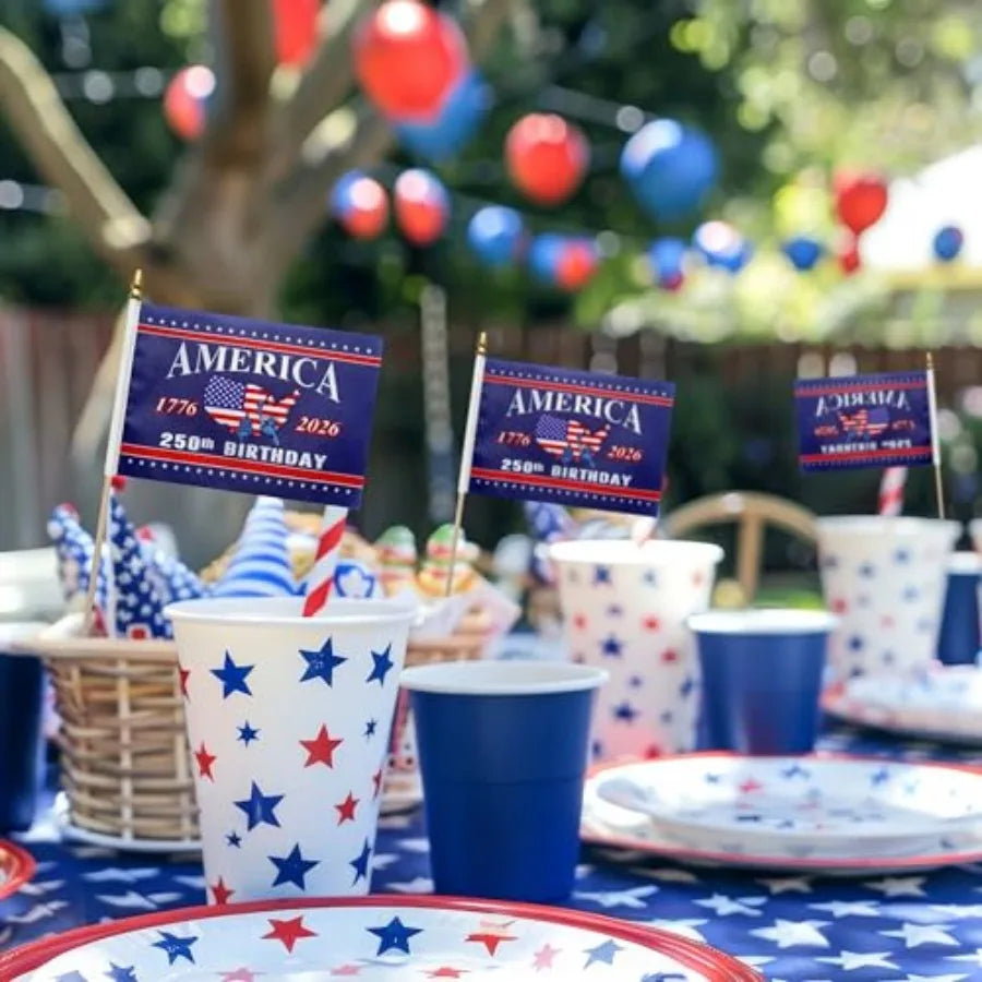 12 Pack 250th Anniversary USA Flag 250 Years of Birthday Small American Handheld Flags on Stick, 4th of July Outside Decoration