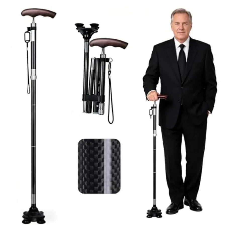Carbon Fiber Cane for Men and Women Folding Walking Cane with Adjustable Height 31-35 inches 4-Prong Base Wenge Wood Handle Lig
