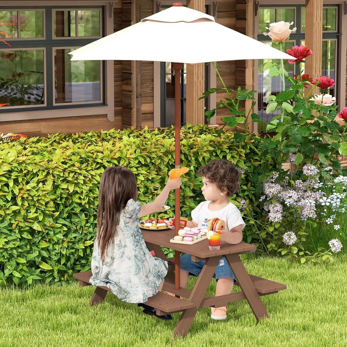 Wooden Kids Picnic Table & Bench Set with Umbrella Outdoor Patio Garden 214x107x48cm, Customized