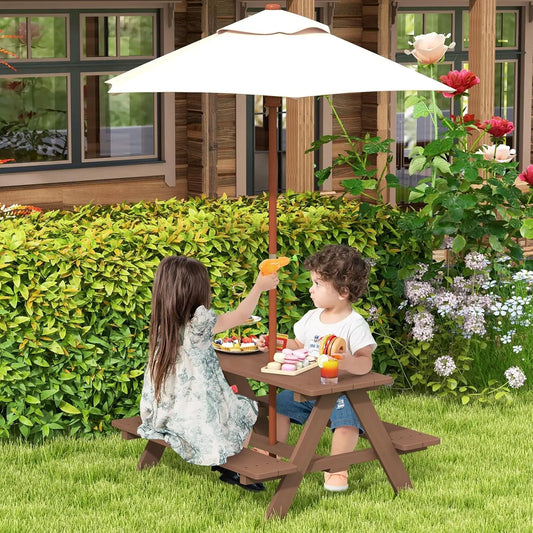Wooden Kids Picnic Table & Bench Set with Umbrella Outdoor Patio Garden 214x107x48cm, Customized