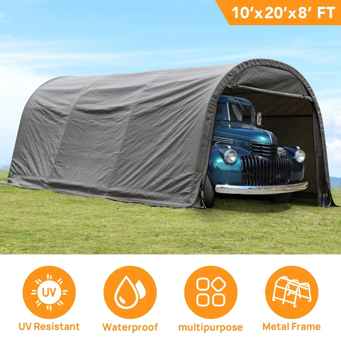 10x20 Carport Canopy, Portable Garage with Steel Frame and Waterproof Cover, Round Roof Car Tent for Outdoor, Customized