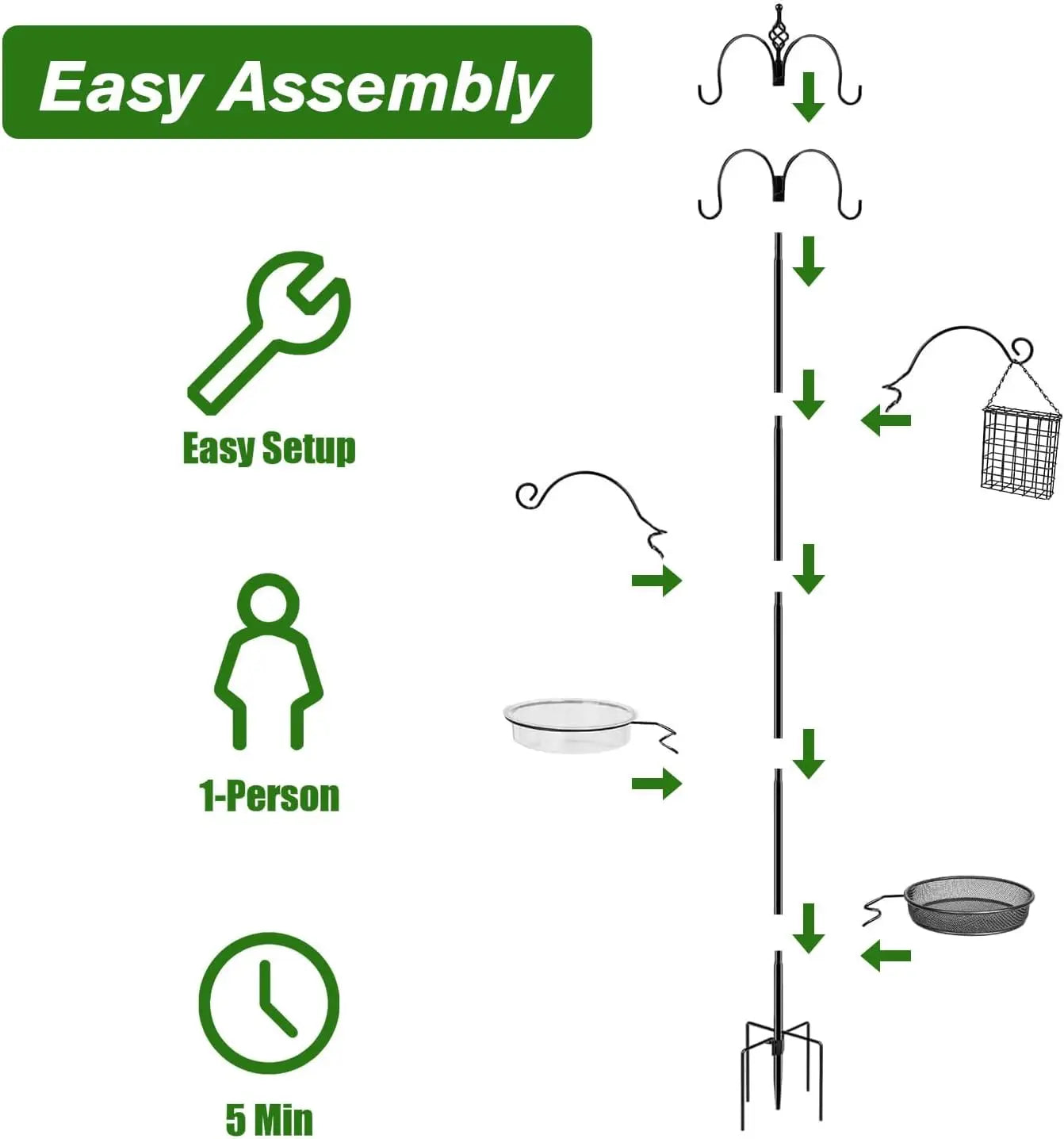 90.55in 6-Hook Bird Feeder Stand with Water Tray, Easy Assembly for Outdoor Gardens (Black)