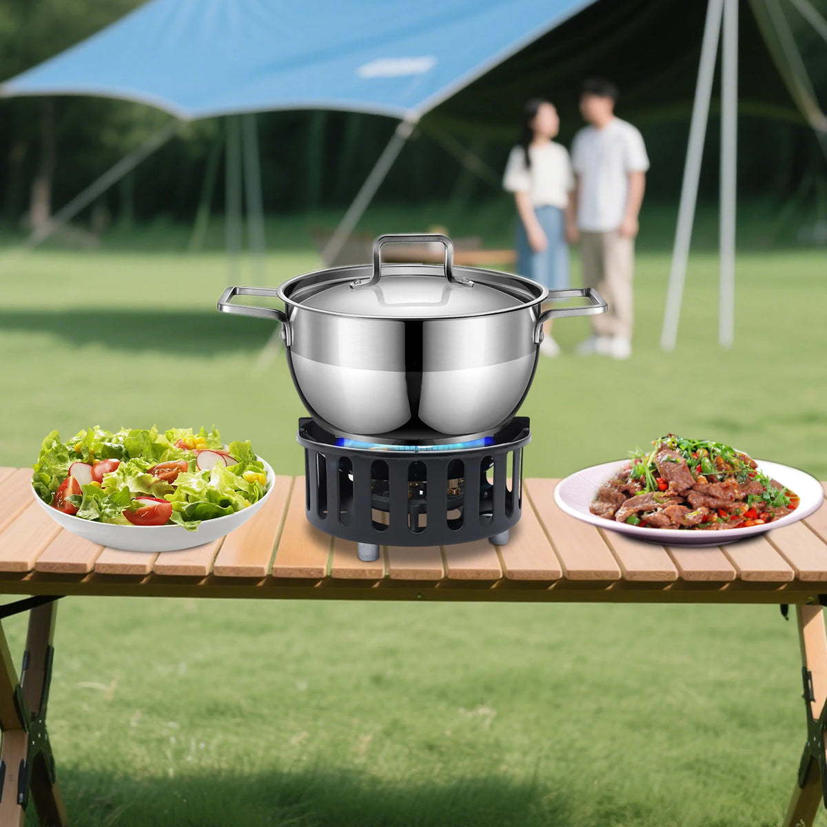 old-Rolled Steel Portable Camping Stove, 72000BTU 3-Adapter Gas Cooker, Windproof Design for Camping Hiking Picnic