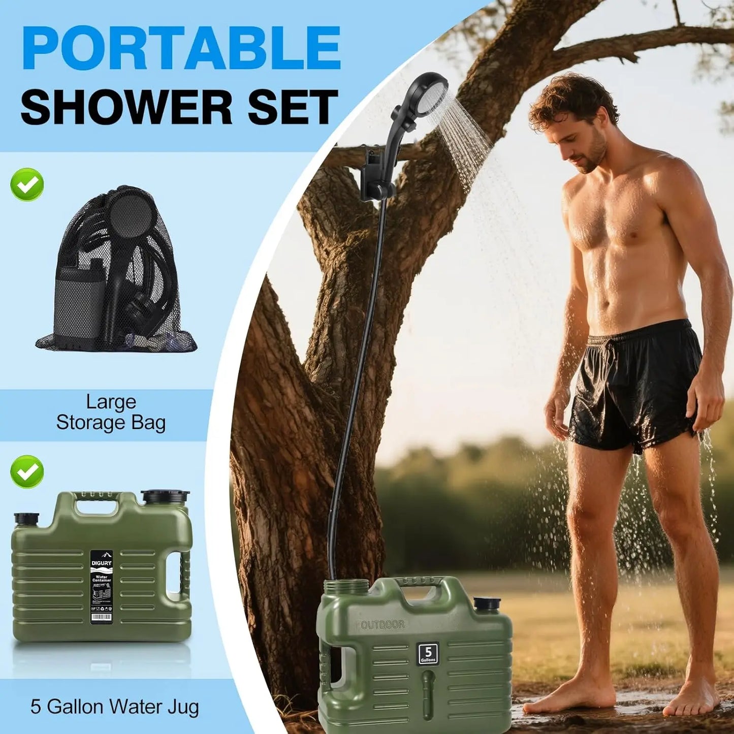 Portable Camping Shower with 5 Gallon Water Jug, 6000mAh Rechargeable Outdoor Camping Shower Kit, IPX7 Waterproof Pump BPA Free