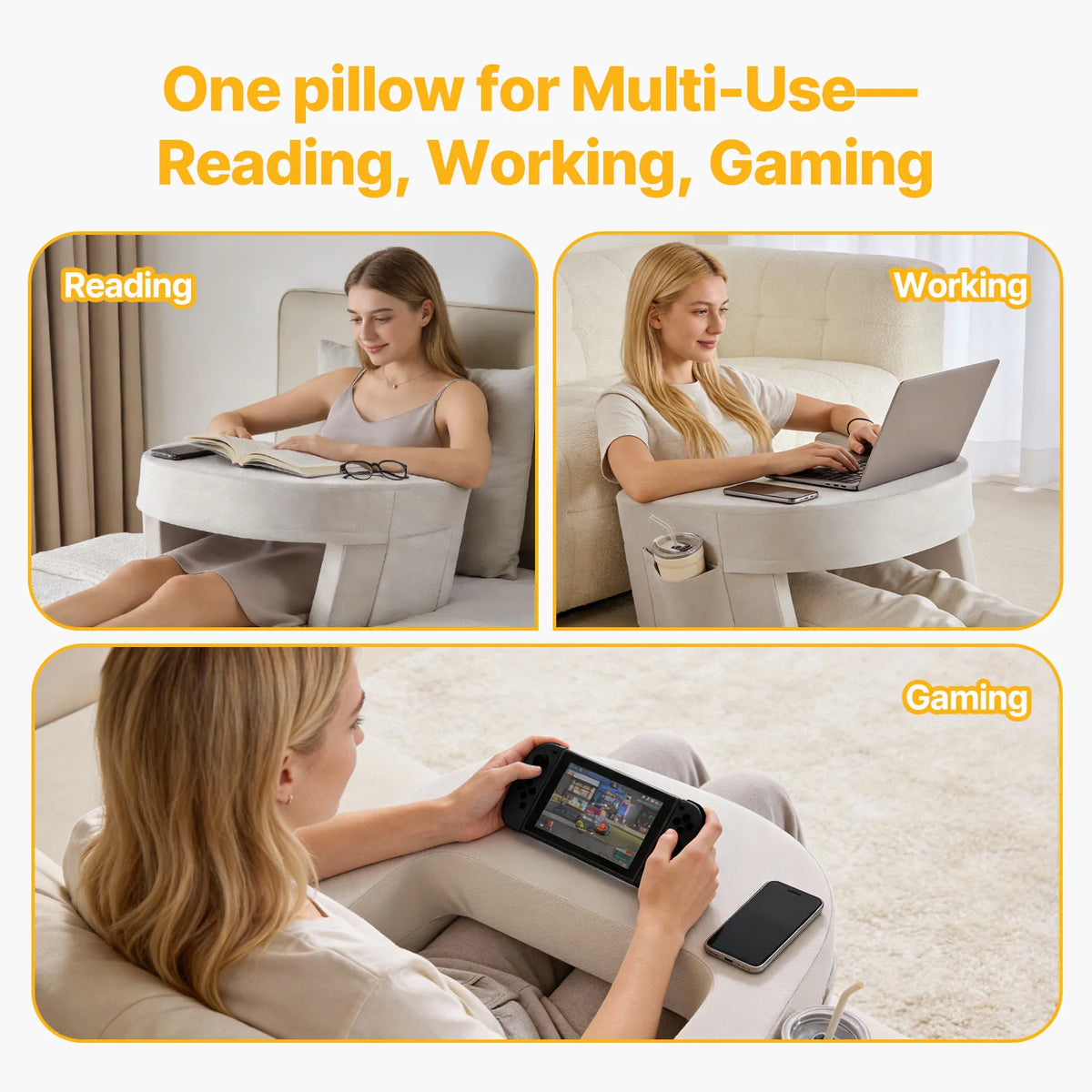 MCQ Ergonomic Curved Reading Pillow with Cup Holder Memory Foam Cooling Breathable Cover Neck Pillow Removable Washable Cover for Home Bedroom