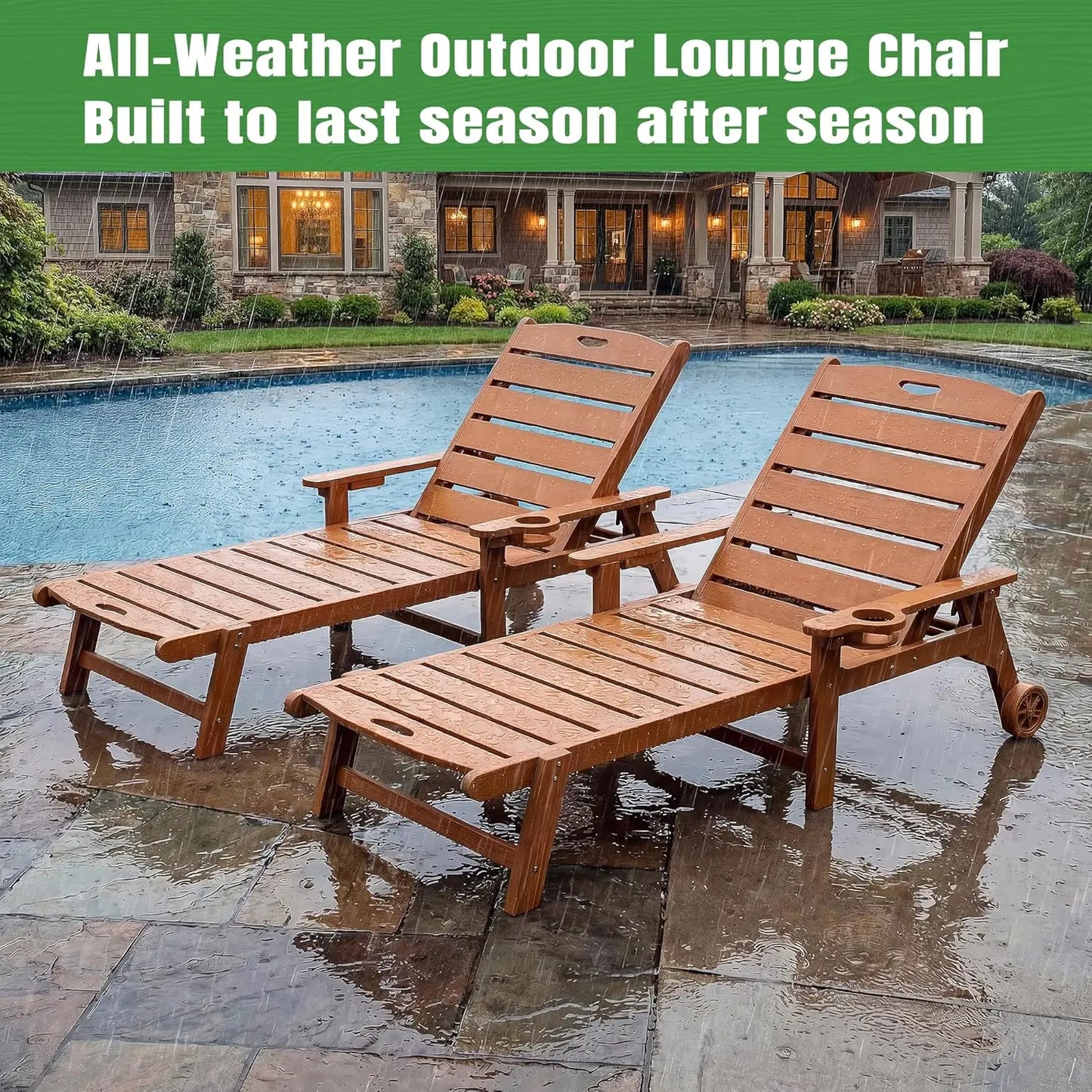 Outdoor Lounge Chair Set of 2 with 5-Position Adjustable, Outside Lounge Chair with Cup Holder, Wheels for Easy Mobility, HDPE T