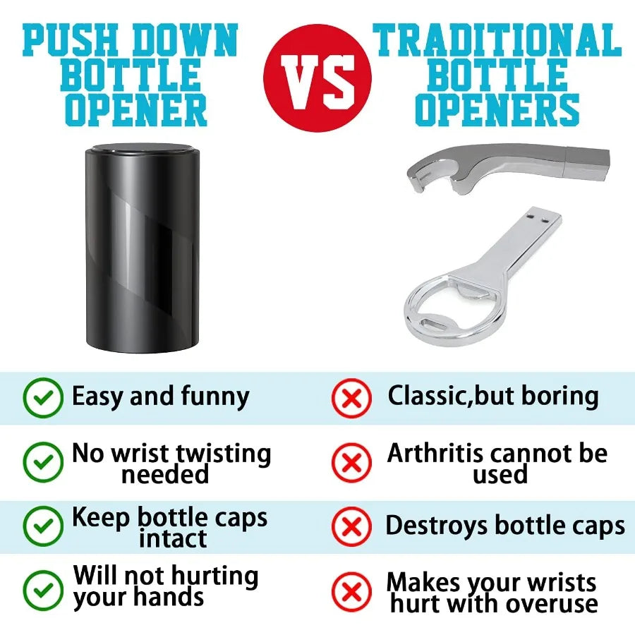 2 PACK Push Down-Pop Off Beer Bottle Opener with Magnetic Cap Catcher No Damage to CapsAutomatic Decapitator Beer/Soda Magnet B