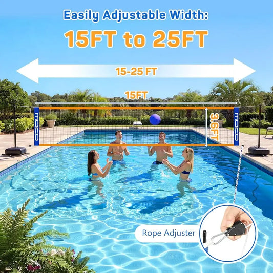 Pool Volleyball Net, Swimming Pool Volleyballs Set with Adjustable Length 15-25FT, Water Volleyball Stand with Two 25L Dual
