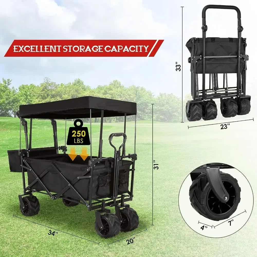 Large Collapsible Wagon w/Removable Canopy Foldable Garden Cart W/ Big Wheel&Adjustable Handles